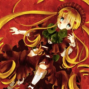 Rating: Safe Score: 0 Tags: 1girl blonde_hair blue_eyes bonnet dress drill_hair flower image long_hair red_flower red_rose rose shinku solo thorns very_long_hair User: admin