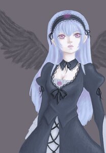 Rating: Safe Score: 0 Tags: 1girl black_dress black_ribbon black_wings bow dress feathered_wings flower frills gothic_lolita grey_background hairband image lips lolita_fashion lolita_hairband long_hair long_sleeves looking_at_viewer pale_skin purple_eyes simple_background solo suigintou wings User: admin