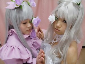 Rating: Safe Score: 0 Tags: 2girls bangs closed_eyes closed_mouth dress flower hair_ornament lips long_hair multiple_cosplay multiple_girls nose realistic tagme white_hair User: admin