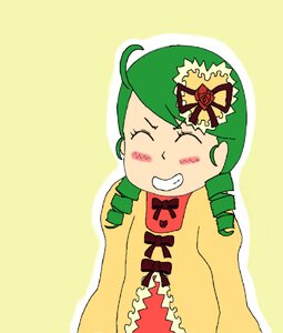 Rating: Safe Score: 0 Tags: 1girl ahoge blush bow clenched_teeth closed_eyes drill_hair flower green_hair image kanaria long_sleeves simple_background solo teeth upper_body yellow_background User: admin