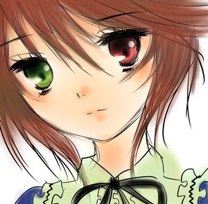 Rating: Safe Score: 0 Tags: 1girl blush brown_hair close-up closed_mouth eyebrows_visible_through_hair face green_eyes image looking_at_viewer short_hair simple_background solo souseiseki User: admin