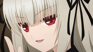 Rating: Safe Score: 0 Tags: 1girl :d bangs close-up eyebrows_visible_through_hair face hair_ribbon image looking_at_viewer open_mouth red_eyes ribbon simple_background smile solo suigintou User: admin