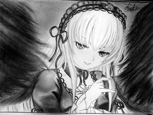 Rating: Safe Score: 0 Tags: 1girl dress feathered_wings greyscale hairband image long_sleeves looking_at_viewer monochrome ribbon signature smile solo suigintou traditional_media upper_body wings User: admin