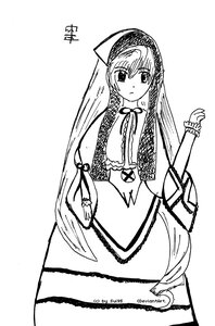 Rating: Safe Score: 0 Tags: 1girl auto_tagged capelet dress full_body greyscale image long_hair long_sleeves looking_at_viewer monochrome ribbon simple_background solo standing suiseiseki very_long_hair white_background User: admin
