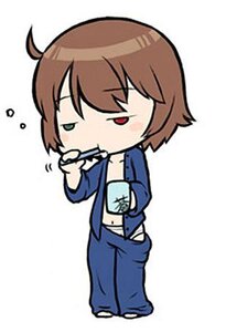 Rating: Safe Score: 0 Tags: ahoge brown_hair brushing_teeth chibi drinking_straw heterochromia image jacket red_eyes short_hair simple_background solo souseiseki toothbrush track_pants track_suit white_background User: admin
