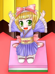 Rating: Safe Score: 0 Tags: 1girl :d arms_up blonde_hair blush bow frills full_body green_eyes hair_bow hinaichigo image kimono long_sleeves looking_at_viewer open_mouth pink_bow sash short_hair sitting smile solo thighhighs white_legwear zettai_ryouiki User: admin