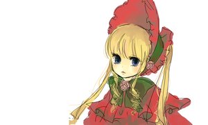 Rating: Safe Score: 0 Tags: 1girl blonde_hair blue_eyes bonnet bow bowtie dress flower green_bow image long_hair long_sleeves red_dress rose shinku sidelocks simple_background solo twintails upper_body white_background User: admin