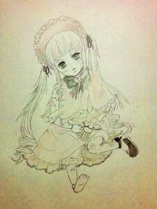 Rating: Safe Score: 0 Tags: 1girl capelet dress full_body image long_hair long_sleeves looking_at_viewer monochrome shinku shoes solo tears traditional_media very_long_hair User: admin