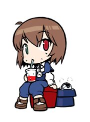 Rating: Safe Score: 0 Tags: 1girl brown_footwear brown_hair chibi cup drinking drinking_straw full_body heterochromia image long_sleeves mug pants red_eyes short_hair simple_background sitting solo souseiseki white_background User: admin