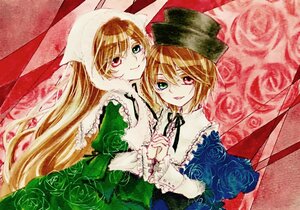 Rating: Safe Score: 0 Tags: 2girls argyle_background blonde_hair brown_hair checkered checkered_background checkered_floor dress flower green_dress green_eyes hat heterochromia holding_hands image long_hair long_sleeves looking_at_viewer multiple_girls open_mouth pair red_eyes rose short_hair siblings sisters smile souseiseki suiseiseki twins very_long_hair User: admin