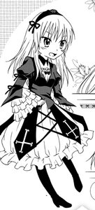 Rating: Safe Score: 0 Tags: 1girl :d blush boots dress flower frills greyscale hairband image lolita_fashion long_hair long_sleeves looking_at_viewer monochrome open_mouth smile solo suigintou User: admin