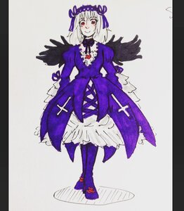 Rating: Safe Score: 0 Tags: 1girl black_wings blush dress frills full_body hairband image long_sleeves purple_dress purple_footwear red_eyes ribbon silver_hair smile solo standing suigintou white_hair wings User: admin