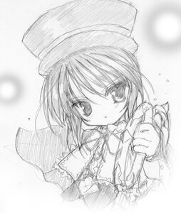 Rating: Safe Score: 0 Tags: 1girl eyebrows_visible_through_hair frills greyscale hat image long_sleeves looking_at_viewer monochrome simple_background solo souseiseki upper_body white_background User: admin