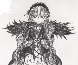 Rating: Safe Score: 0 Tags: 1girl dress flower graphite_(medium) greyscale hairband image long_hair long_sleeves looking_at_viewer monochrome rose solo suigintou traditional_media wings User: admin