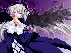 Rating: Safe Score: 0 Tags: 1girl black_wings dress feathers flower frills hairband image long_hair long_sleeves looking_at_viewer pink_eyes red_eyes rose silver_hair smile solo suigintou wings User: admin