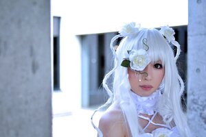 Rating: Safe Score: 0 Tags: 1girl blurry blurry_background blurry_foreground closed_mouth depth_of_field dress eyepatch flower hair_flower hair_ornament kirakishou lips long_hair photo solo white_dress white_flower white_hair white_rose User: admin