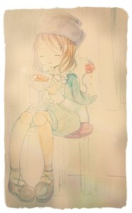 Rating: Safe Score: 0 Tags: 1boy brown_hair closed_eyes flower food hat image long_sleeves rose sitting smile solo souseiseki watercolor_(medium) User: admin