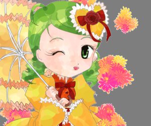 Rating: Safe Score: 0 Tags: 1girl blush bow bowtie dress flower frills green_eyes green_hair image kanaria long_sleeves looking_at_viewer one_eye_closed solo umbrella upper_body User: admin