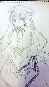 Rating: Safe Score: 0 Tags: 1girl capelet dress frills image long_hair long_sleeves looking_at_viewer monochrome ribbon sketch solo suiseiseki traditional_media very_long_hair User: admin