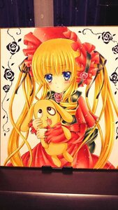 Rating: Safe Score: 0 Tags: 1girl blonde_hair blue_eyes blush bonnet bow dress eighth_note flower image long_hair looking_at_viewer marker_(medium) musical_note red_dress rose shinku solo stuffed_animal traditional_media twintails User: admin
