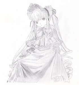 Rating: Safe Score: 0 Tags: 1girl bonnet bow bowtie dress drill_hair frills image long_hair long_sleeves looking_at_viewer monochrome shinku solo very_long_hair white_background User: admin