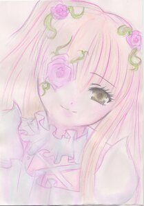 Rating: Safe Score: 0 Tags: 1girl closed_mouth flower hair_flower hair_ornament image kirakishou long_hair looking_at_viewer pink_flower pink_hair pink_rose rose smile solo traditional_media User: admin