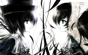 Rating: Safe Score: 0 Tags: 2girls black_hair black_rock_shooter_(character) blue_eyes from_side image lace long_hair monochrome multiple_girls pair pale_skin profile ribbon siblings souseiseki spot_color suiseiseki symmetry twintails User: admin
