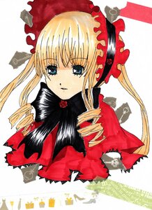 Rating: Safe Score: 0 Tags: 1girl bangs blonde_hair blue_eyes bonnet bow bowtie drill_hair image long_hair looking_at_viewer marker_(medium) red_dress rose shinku simple_background solo twin_drills twintails upper_body white_background User: admin