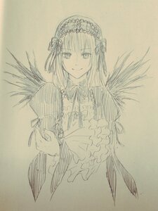 Rating: Safe Score: 0 Tags: 1girl dress flower frills hairband image long_hair long_sleeves looking_at_viewer monochrome ribbon simple_background smile solo suigintou traditional_media upper_body wings User: admin