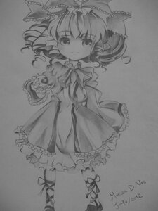 Rating: Safe Score: 0 Tags: 1girl bow cross-laced_footwear dated detached_sleeves dress frills greyscale hair_bow hakurei_reimu hinaichigo image looking_at_viewer monochrome ribbon smile solo traditional_media User: admin