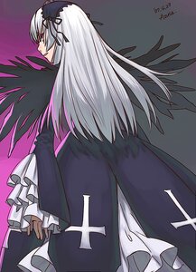 Rating: Safe Score: 0 Tags: 1girl azusa_(hws) black_dress black_ribbon black_wings bow cross dress frilled_sleeves frills hairband image inverted_cross latin_cross lolita_hairband long_hair long_sleeves ribbon rozen_maiden silver_hair solo suigintou wings User: admin