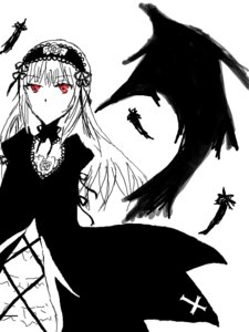 Rating: Safe Score: 0 Tags: 1girl bangs bird black_feathers black_wings closed_mouth dress feathers flower hairband image long_hair long_sleeves looking_at_viewer monochrome red_eyes ribbon rose simple_background solo suigintou white_background wings User: admin