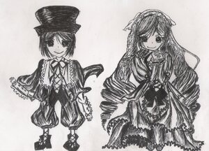 Rating: Safe Score: 0 Tags: 2girls dress drill_hair frills greyscale hat image long_hair long_sleeves looking_at_viewer monochrome multiple_girls pair ribbon short_hair siblings sisters smile souseiseki standing suiseiseki top_hat traditional_media twins very_long_hair User: admin