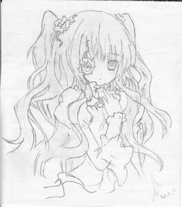 Rating: Safe Score: 0 Tags: 1girl dress eyepatch flower greyscale image kirakishou long_hair long_sleeves looking_at_viewer monochrome simple_background solo traditional_media upper_body white_background User: admin