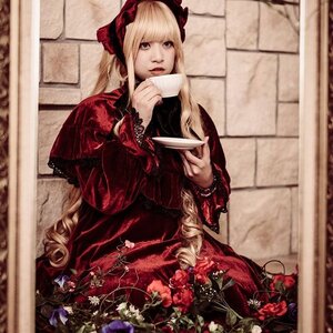 Rating: Safe Score: 0 Tags: 1girl blonde_hair bonnet cup dress flower frills holding_cup indoors jewelry long_hair long_sleeves looking_at_viewer red_dress saucer shinku sitting solo teacup very_long_hair User: admin