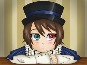 Rating: Safe Score: 0 Tags: 1girl blush brown_hair closed_mouth frills green_eyes hat heterochromia image long_sleeves looking_at_viewer red_eyes short_hair smile solo souseiseki top_hat User: admin