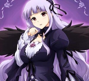 Rating: Safe Score: 0 Tags: 1girl black_ribbon black_wings dress feathered_wings feathers flower frills hairband image long_hair long_sleeves looking_at_viewer purple_background ribbon solo suigintou upper_body very_long_hair wings User: admin