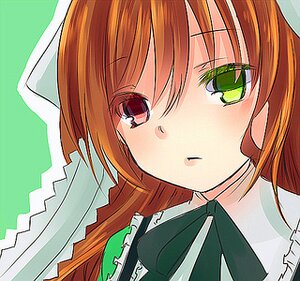 Rating: Safe Score: 0 Tags: 1girl bangs brown_hair eyebrows_visible_through_hair green_background green_eyes image long_hair looking_at_viewer neck_ribbon red_eyes ribbon solo suiseiseki User: admin