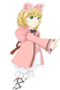 Rating: Safe Score: 0 Tags: 1girl blonde_hair bloomers bow dress frills green_eyes hair_bow hat hina_ichigo hinaichigo image long_sleeves pink_bow pink_dress puffy_sleeves short_hair simple_background solo standing striped white_background User: admin