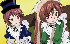Rating: Safe Score: 0 Tags: :o brown_hair dress frills green_dress green_eyes hat heterochromia image long_hair long_sleeves looking_at_viewer open_mouth pair red_eyes short_hair siblings simple_background sisters souseiseki suiseiseki top_hat twins yellow_background User: admin