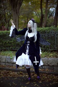 Rating: Safe Score: 0 Tags: 1girl black_wings dress flower frills gothic_lolita lolita_fashion long_hair long_sleeves solo standing suigintou wings User: admin