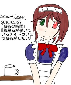 Rating: Safe Score: 0 Tags: apron blue_dress blush bow brown_hair cup dress green_eyes heterochromia image maid red_eyes short_hair smile solo souseiseki striped teacup teapot tray white_background User: admin