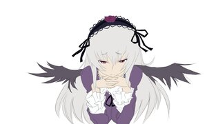 Rating: Safe Score: 0 Tags: 1girl black_wings dress flower frills hairband image long_hair long_sleeves looking_at_viewer pink_eyes silver_hair simple_background solo suigintou upper_body white_background wings User: admin