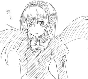 Rating: Safe Score: 0 Tags: 1girl angel_wings closed_mouth dress feathered_wings greyscale image long_hair long_sleeves looking_at_viewer monochrome ribbon simple_background sketch solo striped suigintou upper_body vertical_stripes white_background wings User: admin