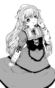 Rating: Safe Score: 0 Tags: 1girl blush closed_mouth dress eyebrows_visible_through_hair frills greyscale image long_hair long_sleeves looking_at_viewer monochrome ribbon simple_background smile solo suiseiseki very_long_hair white_background User: admin