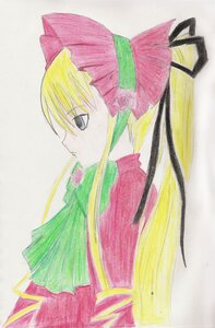 Rating: Safe Score: 0 Tags: 1girl blonde_hair blue_eyes bonnet bow flower image long_hair pink_bow profile rose shinku simple_background solo traditional_media upper_body User: admin