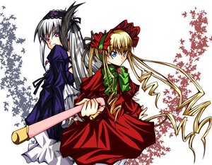 Rating: Safe Score: 0 Tags: 2girls blonde_hair blue_eyes bonnet bow dress frills green_bow green_neckwear hairband image long_hair long_sleeves looking_at_viewer maple_leaf multiple_girls pair red_dress shinku silver_hair suigintou twintails wings User: admin