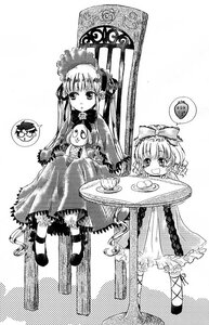 Rating: Safe Score: 0 Tags: 2girls bonnet bow cup dress food frills greyscale hina_ichigo hinaichigo image long_hair long_sleeves monochrome multiple_girls open_mouth pair shinku shoes sitting smile table teacup twintails User: admin