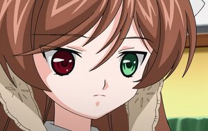 Rating: Safe Score: 0 Tags: 1girl :t angry bangs brown_hair close-up closed_mouth eyebrows_visible_through_hair face frills green_eyes hair_between_eyes image looking_at_viewer pout solo suiseiseki User: admin