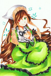 Rating: Safe Score: 0 Tags: 1girl brown_hair dress drill_hair frills green_dress green_eyes hat head_scarf heterochromia image long_hair long_sleeves looking_at_viewer red_eyes smile solo suiseiseki very_long_hair white_background User: admin